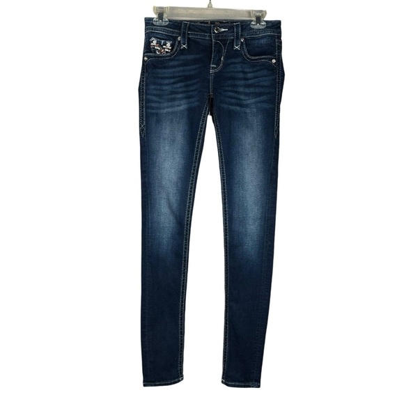 New Rock Revival Bling Jean Size 24 Mid Rise Skinny Stretch Nicci Dark Wash Read - Picture 5 of 14